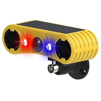 HULPPRE Solar Outdoor Motion Sensor Alarm-13 Sounds Including Dog Barking&Gunshot,2 * 130db Loud Noise Maker,4 Modes,Red&Blue Motion Activated Strobe Light,Say Goodbye to The Intruders