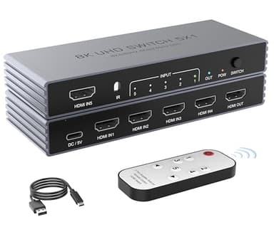 HDMI Switch 5 in 1 Out, 8K@60Hz 4K@240Hz HDMI 2.1 Splitter, 48Gbps Ultra HDMI Switcher with Remote, Supports 3D/HDR10+/HDCP2.3, Compatible with PS5/4 Xbox Nintendo Switch Apple TV Roku Fire Stick