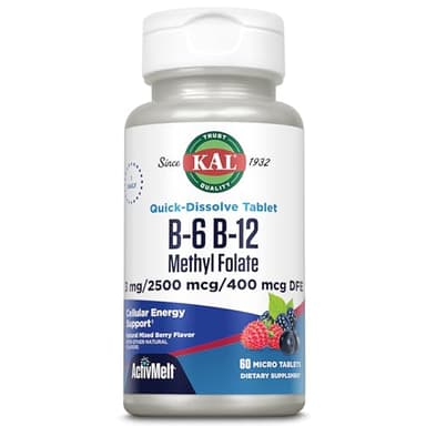 KAL Vitamin B-6 B-12 Methyl Folate ActivMelt, Vitamin B Supplement, Heart Health, Energy and Red Blood Cell Support with Methyl B12 and DFE Folic Acid, Natural Berry Flavor, 60 Servings, 60 Micro Tabs