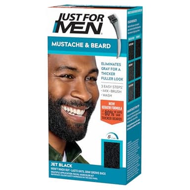 Just For Men Mustache & Beard, Beard Coloring for Gray Hair with Brush, With Keratin Biotin Aloe and Coconut Oil for Healthy Facial Hair - Jet Black, M-60, Pack of 1 (Packaging May Vary)