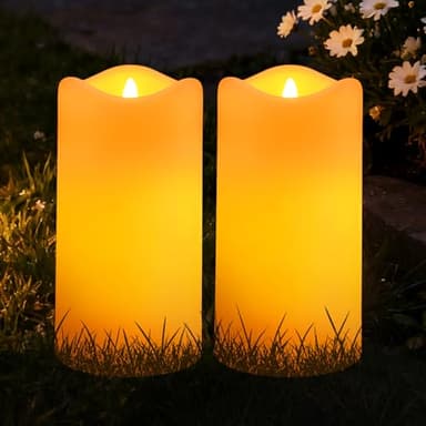 Glosola Solar Candles Outdoor Waterproof 2 Pack, 3"x6" Flickering Flameless Solar Pillar Candle Lights, Dusk to Dawn Warm Amber Solar Candles for Lanterns, Garden, Patio, Porch, Backyard Decor