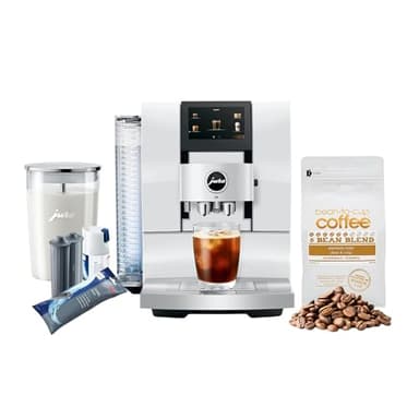 Jura Z10 32 Specialties Automatic Coffee Machine (Diamond White) Bundle with Glass Milk Container, 6 Bean Blend Espresso Roast, Milk System Cleaner Mini-Tabs and 2 Smart+ Filter Cartridges (6 Items)