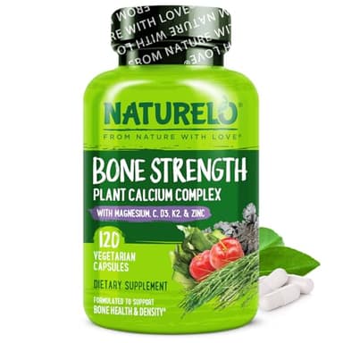 NATURELO Calcium Supplement - with Vitamin C, Vitamin D3, K2, and Calcium Magnesium Zinc for Bone Strength with Calcium 600mg - Plant-Based, 120 Vegetarian Capsules, Non-GMO, Soy & Gluten-Free