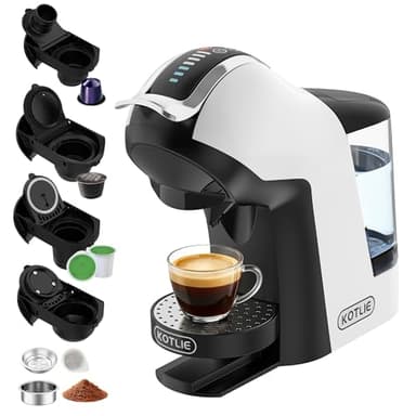 KOTLIE EM-308B Espresso Machine, Single Serve Coffee Maker Compatible with Multiple Capsule Types, Ground Coffee, and ESE Pods, 3 Temperatures, 7 Water Volume Levels, 34 Oz（White）
