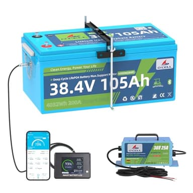 36V 105Ah Lithium Golf Cart Battery, 36 Volt LiFePO4 Battery 4000+ Deep Cycles, Smart Bluetooth 200A BMS, 43.8V 25A Charger & LCD Monitor, Hold Bracket Perfect for Golf Carts, LSV, Lawn Mower