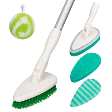 Qaestfy 4-in-1 Tub and Tile Shower Scrubber, 51'' Bathtub Cleaning Brush with Long Handle, Soft & Stiff Bristles Bathroom Scrub Brush, Non-Scratch Shower Cleaner Brush for Cleaning
