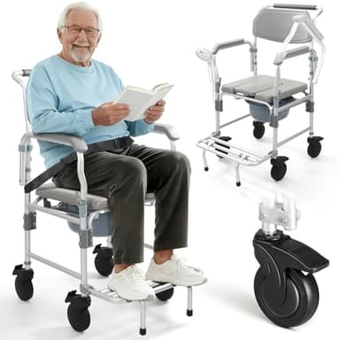 Hybodies Shower Chair with Wheels, Bedside Commode Wheelchair with Flip-up Armrest, 330lbs Heavy Duty Rolling Bath Chair for Handicap, Elderly & Injured, 5" Enlarged Casters & Safety Straps