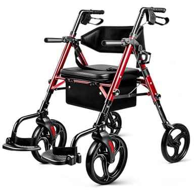 Flyingjoy Foldable 2-in-1 Rollator Walker and Wheelchair Combo for Seniors with Seat, Heavy Duty Transport Chair 300 lbs Capacity, Lightweight, Anti-Tip Brakes, Adjustable Height 33.5"-40" (Red)