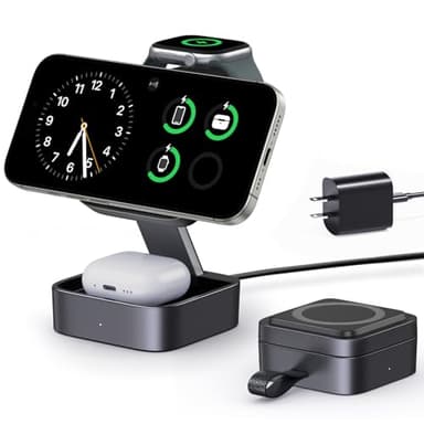 3 in 1 Wireless Charging Station for Apple Devices, Magnetic Foldable Travel Fast Charger Stand Compatible with MagSafe for iPhone 18/Air/17/16/15/14/13/12 Series, Apple Watch & AirPods Pro/4/3/2