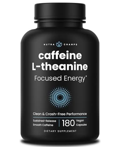 Caffeine Pills with L-Theanine - 180 Energy Pills for Women & Men - Clean & Long-Lasting Focused Energy - Sustained Release 100mg Caffeine + 200mg L Theanine - No Crash Capsules, Vegan Supplement