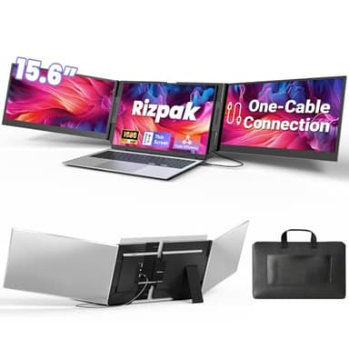 Rizpak One Cable Laptop Screen Extender, 15.6” Ultra-Slim Triple Portable Monitor, 1080P FHD IPS Display, USB-C/USB-A Connection, Travel Monitor for 13–17.3" Laptops, MacOS/Windows/Android