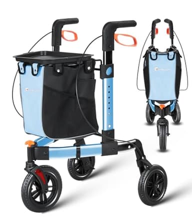 FlyingJoy 3 Wheel Walkers for Seniors,2025 New Ultra Lightweight Foldable Walker for Elderly,Extra Wide Basket for Seniors and Adults with Large Aluminum (Blue)