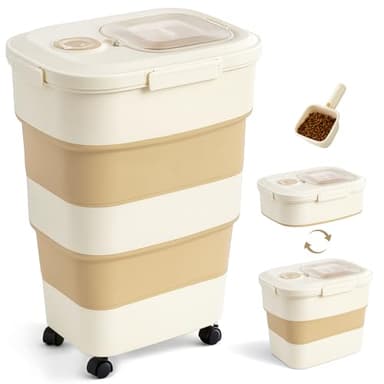 ZOMISIA 40-50lbs Dog Food Storage Container, Large Capacity Collapsible Airtight Pet Food Storage Containers with Rolling Wheels, Transparent Lid, Scoop and Date Track, Khaki