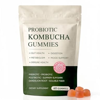 FQMUEV Jevawell Probiotic Kombucha Gummies | Prebiotics, Probiotics, Postbiotics | Slippery Elm Bark, Dandelion Root, Soluble Fiber, Mct Oil | Bloating, Gut Health | 60 Gummies