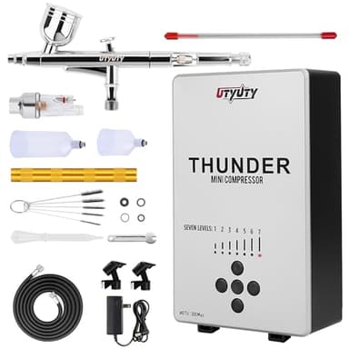 UTYUTY Airbrush Kit with Air Compressor,Portable 27PSI 7 Pressure Levels, 35dB Ultra-Quiet,Dual-Action 0.3mm Airbrush Gun for Beginners,Painting,Models,Makeup,Crafts & Cake Decor