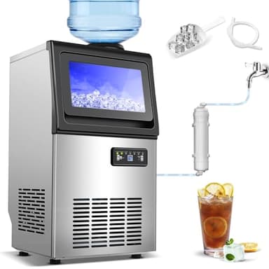 Amzgachfktch Commercial Ice Maker, 110lbs/24H Under Counter Ice Maker with 2 Water Inlet, Ice Maker Machine with 22lbs Storage, Auto Self-Cleaning, Freestanding Ice Machine for Home Office Bar