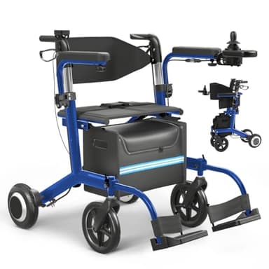 Electric Wheelchair for Adults Rollator Walkers for Seniors with Seat, 3 in 1 Transport Motorized Wheelchair Lightweight Foldable Compact Portable Electric Wheelchair Rollator Combo (Blue)
