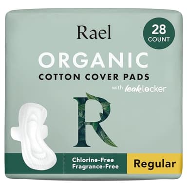 Rael Organic Cotton Cover Pads - Regular Absorbency, Unscented, Ultra Thin Pads with Wings for Women (Regular, 28 Count)