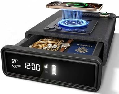 Smart Biometric Gun Safe with Phone & Watch Wireless Charging, 3 Access Unlock Ways, Drop Slot Safes – LED Display, Humidity & Temp Monitoring, Pistol Safe for Cash & Valuables