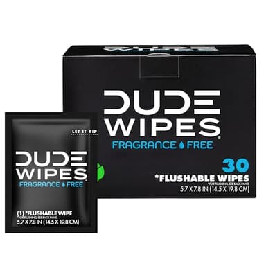 DUDE Wipes On-The-Go Unscented Travel Wipes - 30 Count (Individually Wrapped) - Extra-Large Adult Flushable Wipes for Sensitive Skin - Infused with Vitamin E and Aloe - Septic and Sewer Safe
