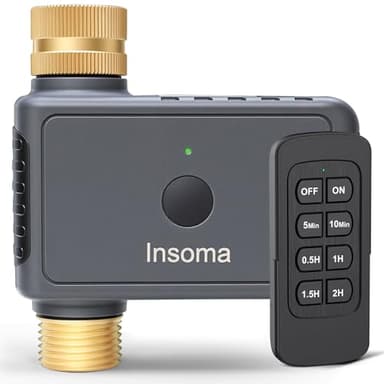 Insoma Remote Control Sprinkler Timer with Brass Inlet & Outlet, Garden Hose Timer Turns Water Off Automatically, Up to 120 Minutes of Run Time, for Faucet, Lawn, Drip, Soaker Hose, IP55 Waterproof
