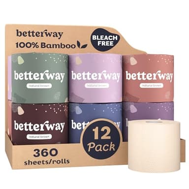 Betterway Unbleached Bamboo Toilet Paper Rolls - Eco-Friendly 3 Ply Toilet Tissue - 12 Long-Lasting Rolls - 360 Sheets/Roll - Organic, FSC Certified, Septic Safe TP - Lint-Free, PFAS-Free Bath Tissue