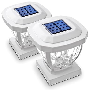 Home Zone Security Solar Post Cap Lights - Decorative Glass LED Outdoor 4x4 (3.5 x 3.5 in.) Post Lights, White (2-Pack)