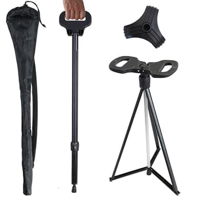 Walking Cane with Seat Folding Lightweight 2-in-1 Portable Walking Stick with Seat for Elderly, Seniors & Handicap, Adjustable, Foldable, Sturdy Tripod Cane Mobility Aid Crutch Chair