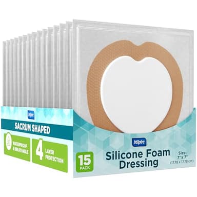 Inspire Sacral Silicone Foam Dressing Large Waterproof Bandages for Wounds, Burns & Bed Sores Safe for Sensitive Skin, Adhesive Pad Sacrum Dressings for Post-Surgery Wound Care (7 x 7 in) (15 Pack)