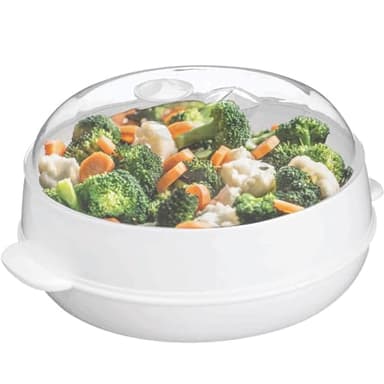 Plastic Microwave Heating Steamer with Lid and Tray (White)