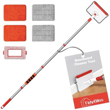 TidyBliss Baseboard Cleaner Tool with Handle, 55.9” Long Wall and Base Board Cleaning Mop, 4 Reusable Pads, 1 Stiff Bristle Scrubber Brush for Floorboard Ceiling Cabinet Window Bathroom Kitchen (Red)