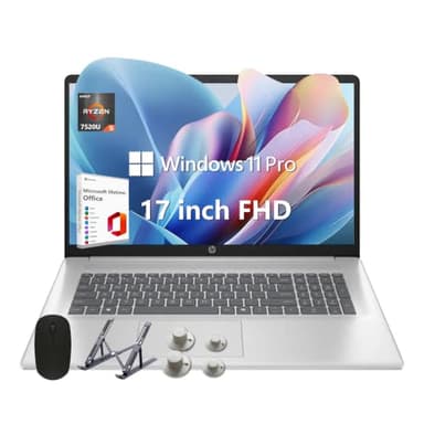 HP 17 Laptop, 17.3" FHD Display, 8GB DDR5 RAM, 512GB SSD, AMD Ryzen 5 Processor(Beats i7-1165G7, Up to 4.3GHz), Lifetime MS Office + Windows 11 Pro, Alpacatec Accessories, Silver, Video Editing Laptop