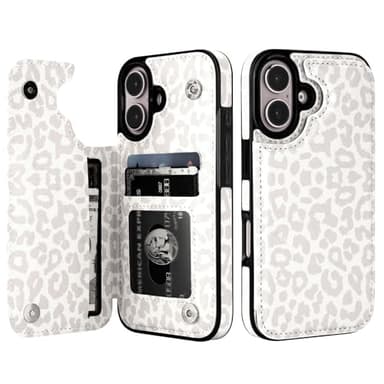 HAOPINSH for iPhone 16 Case Wallet with Card Holder, White Leopard Cheetah Pattern Back Flip Folio PU Leather Kickstand Card Slots Case for Women Girls, Double Magnetic Clasp Shockproof Cover 6.1"