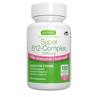 Igennus Sublingual Vitamin B12 Complex 1000mcg, Methylated Methylcobalamin, Adenosylcobalamin & Hydroxocobalamin, High Absorption & Clean, 180 Servings, Sugar-Free & Vegan