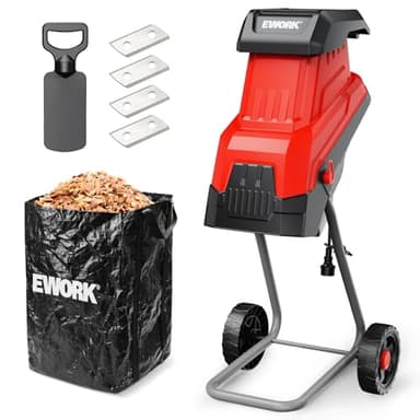 EWORK 15-Amp Electric Wood Chipper Shredder, Brushless Motor, 15:1 High Reduction Ratio with 4 Steel Blades Included, 1.77 Inch Capacity, Garden Mulcher for Composting Branches and Twigs
