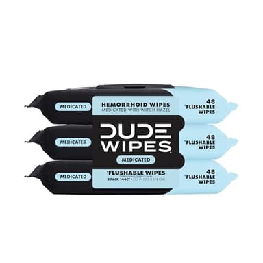 DUDE Wipes Fragrance Free Hemorrhoid Flushable Wipes - 3 Pack, 144 Count - Medicated with Witch Hazel for Soothing Relief - Septic and Sewer Safe