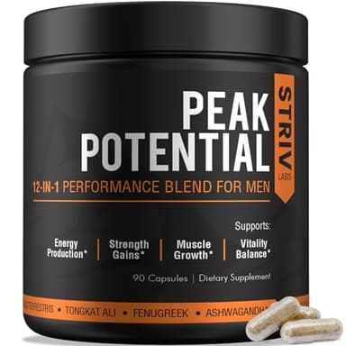 STRIVLABS Peak Potential 12-in-1 Testosterone Support for Men – Fenugreek, Ashwagandha & Tongkat Ali – Natural Strength, Energy & Muscle Builder – 90 Capsules