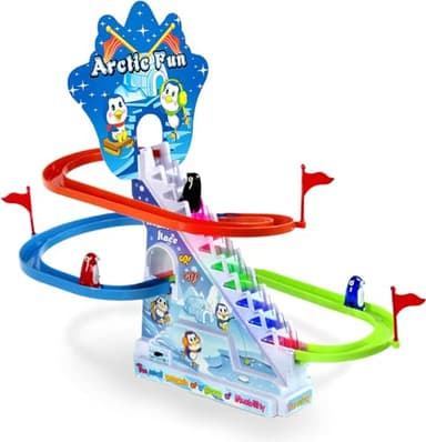 Arctic Fun Penguin Slide Toy Set: Playful Stair Climbing Penguins with Sliding Tracks, Music On/Off Switch for Quiet Play | Interactive Penguin Toy for Kids Toddlers Boys & Girls
