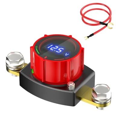 Side Post Battery Disconnect Switch with Voltmeter | 3/8" Stud, 5-60V Battery Kill Switch Waterproof Marine Battery Cut Off Switch 12 Volt Negative On/Off Cut Off for Car, Truck, RV, Boat