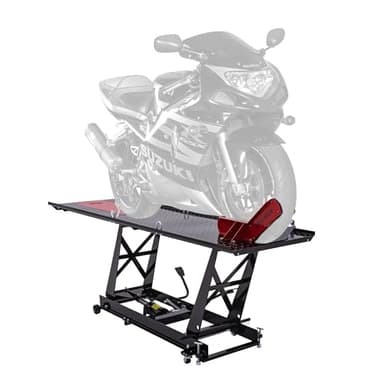 Black Widow Hydraulic Motorcycle Lift Table – 1,000 lb Capacity, 32" Max Height, Foot-Pedal Lift, Wheel Clamp, Drop-Out Panel, Dolly Wheels, Powder-Coated Steel Bike Service Lift