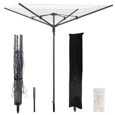 SZJoyBet Outdoor Umbrella Clothes Drying Rack, 165 Feet Drying Space, 4 Arms 12 Lines, Steel Frame with Ground Spike, Rotary Clothesline for Backyard