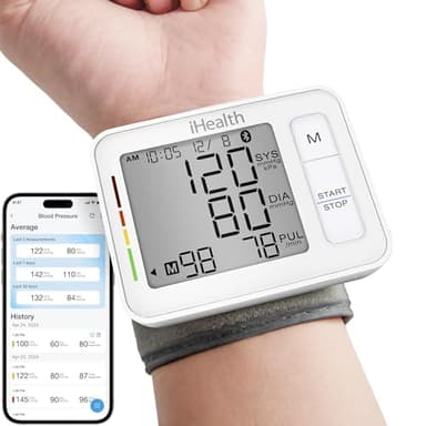 iHealth Push Wrist Blood Pressure Monitor, Bluetooth Smart BP Machine with App, Clinically Validated, Large Digital Display & Travel Case, High Accuracy for Home Use, Cuff Fits 5.5"-7.75"