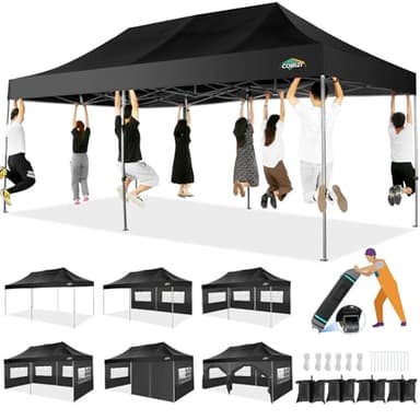 COBIZI 10x20 Heavy Duty Pop up Canopy Tent with 6 sidewalls Easy Up Commercial Outdoor Wedding Party Tents for Parties All Season Wind & Waterproof Gazebo Roller Bag, Black(Frame Thickened)