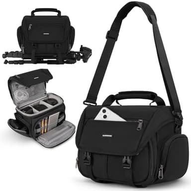 RAINSMORE Camera Bag, DSLR/SLR/Mirrorless Camera Sling Bag for Photographers Waterproof Small Camera Case with Tripod Holder & Rain Cover Camera Crossbody Bag for Canon/Nikon/Sony/Fuji, Black