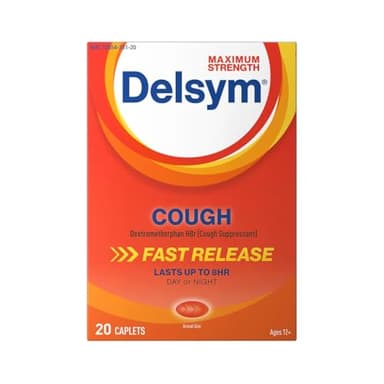 Delsym Maximum Strength Cough Suppressant, Over-The-Counter Medication for Cough, Fast Release Caplets with Dextromethorphan HBr, Cough Medicine for Adults Lasts Up to 8 Hours Day or Night, 20 Count