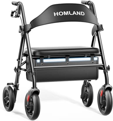 HOMLAND Bariatric Walkers for Seniors, 500lb Heavy Duty Rollator Walker with Extra Wide Padded Seat, 8” All Terrain Foldable Rolling Walker with Dual-Height Adjustable, Black