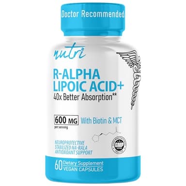 Nutri R Alpha Lipoic Acid 600mg Capsules - R Lipoic Acid Stabilized with Biotin - Active Form of R-ALA - 600 mg Clinical Dosage - Powerful Cellular Energy Support - 60 Vegan Capsules - RALA