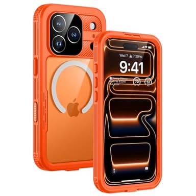 Lanhiem Magnetic for iPhone 17 Pro Case, IP68 Waterproof, Dustproof, Compatible with Magsafe, Built-in Screen Protector, Full Body, Heavy Duty, Rugged Phone Cover, 6.3 inch, Cosmic Orange