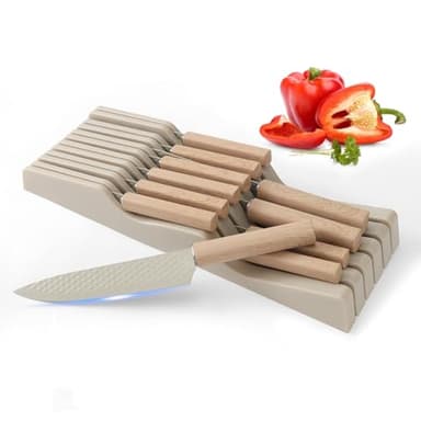 Knife Block Set, 12 Pieces Kitchen Knife Set with In-drawer Knife Block, Stainless Steel Knife Set with 6PCS Steak Knives, Ultra Sharp Non-stick Coating Chef Knife Set,Drawer Knife Organizer (Khaki)