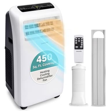 SereneLife Portable Air Conditioner with Heat & Built-in Dehumidifier 10,000 BTU, Portable Heater & AC for Rooms up to 450 Sq Ft - Remote Control & Window Mount Exhaust Kit Included